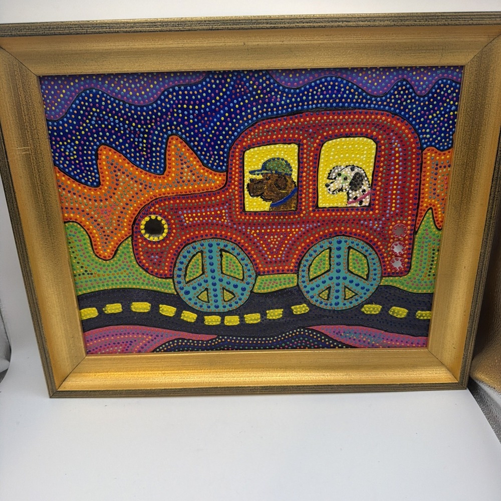 Shelly Horton Original "Road Trip" Acrylic Folk Art Dogs Car Framed 16x14